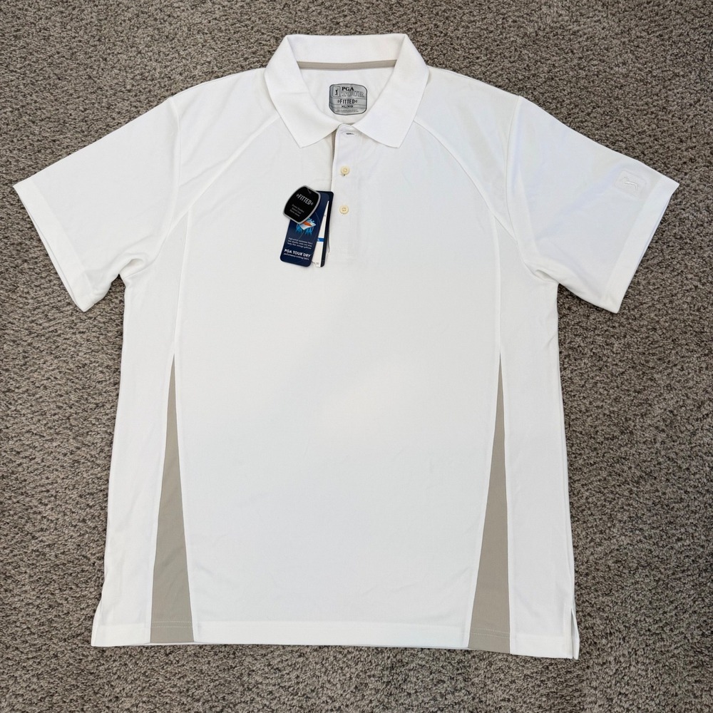 PGA Tour Mens XL Fitted Golf Polo Shirt White Performance Wicking Short Sleeve